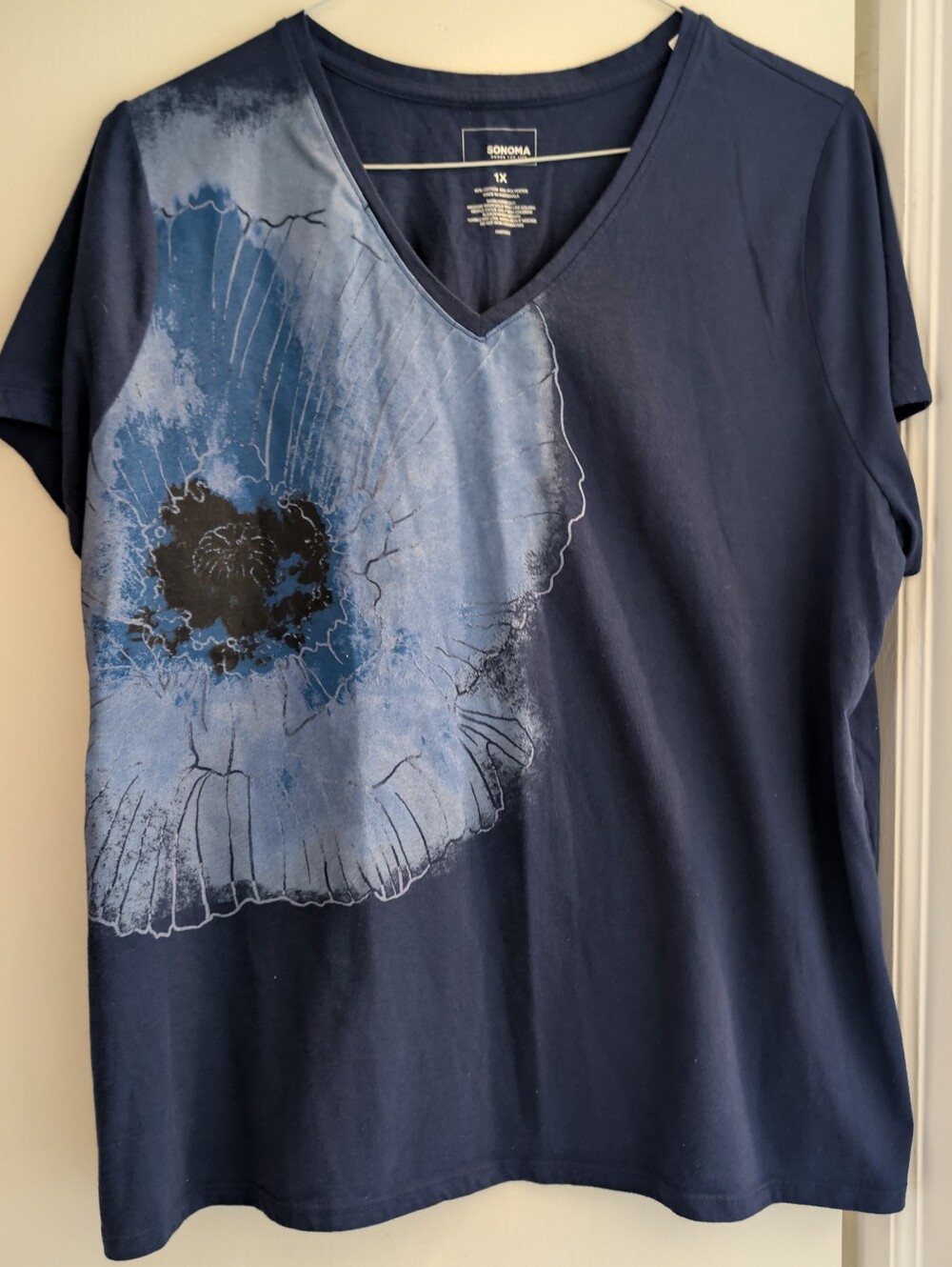 Sonoma Navy V-Neck Tee with Blue Floral Print. 1x